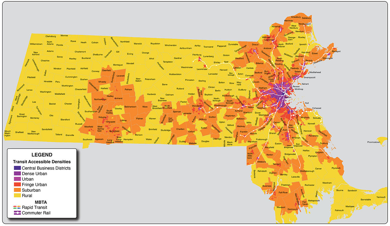 Figure 1. Transit Accessible Densities-Based Area Types with MBTA
This figure shows different area types and location of major transit lines in state of Massachusetts.
Figure 1. Transit Accessible Densities-Based Area Types with MBTA
This figure shows different area types and location of major transit lines in state of Massachusetts.